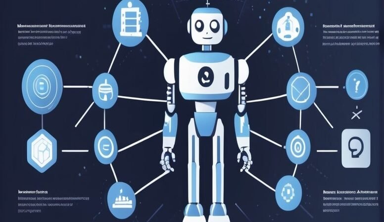 Illustration of machine learning with robot analyzing data, showing supervised, unsupervised, and reinforcement learning