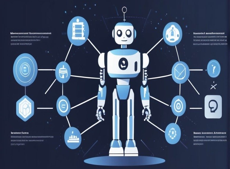 Illustration of machine learning with robot analyzing data, showing supervised, unsupervised, and reinforcement learning
