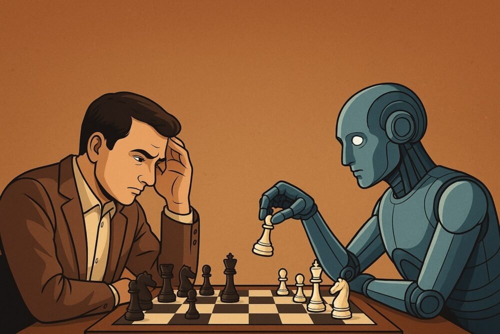 Human player facing an AI chess engine on a digital board